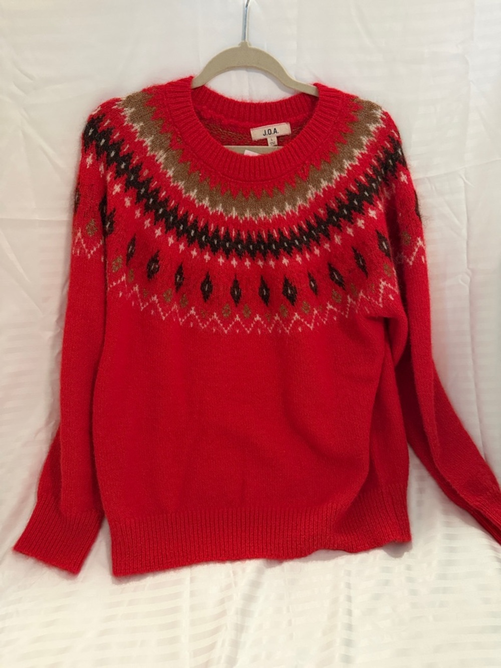 J.O.A. Bright Red Fair Isle Crewneck Sweater with Multicolor Yoke